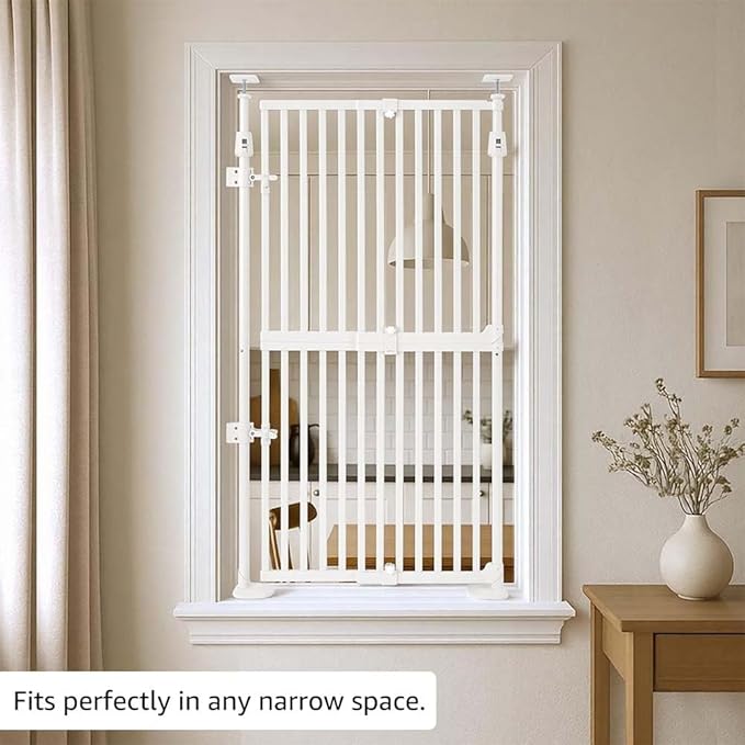 unipaws 57" H Pet Window Safety Guard, Fit for 21"-34" Wide Narrow Sapce, Auto Closing and No Drilling Cat Safety Gate, Cat Dog Proof, Indoor Use, White