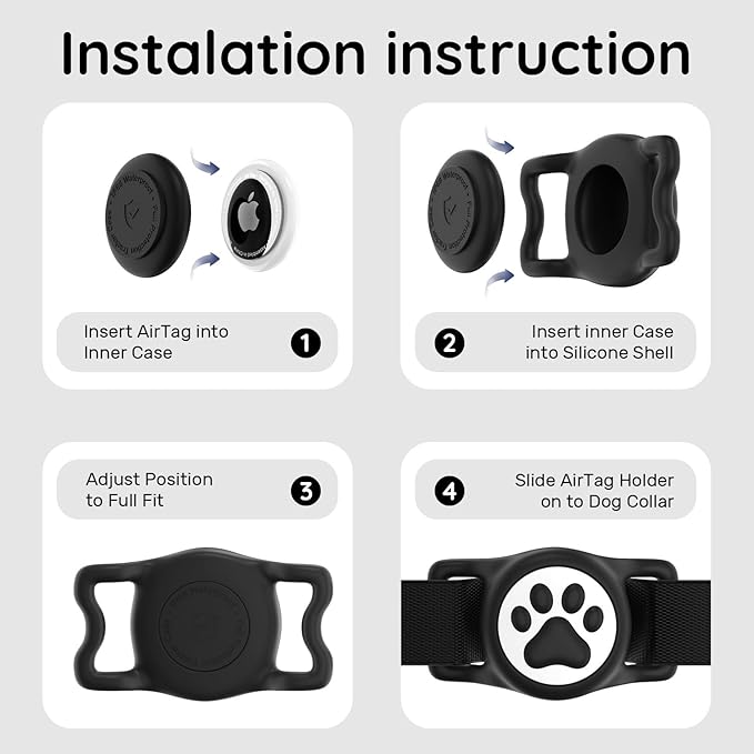 for Airtag Dog Collar Holder, Dog Airtag Holder Waterproof, Lightweight & Soft Silicone Air Tag Case for Pet Collars, Works with Multiple Tracker Tag Products(Black+Rose+Blue+Pink, 4 Pack)