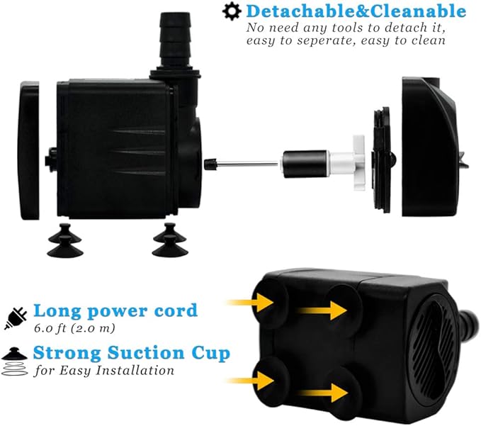 PULACO 160GPH Small Fountain Pump, Ultra Quiet Submersible Water Pump (600L/H, 10Watt) with 3.3 ft Tubing for Aquariums, Pond Fountain, Water Feature, Indoor Fountains