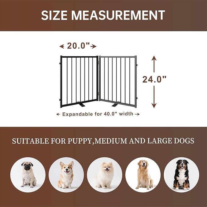 2 Panels Full Metal Freestanding Dog Gates, 40” W x 24” H Folding Pet Gate Fence with Support Feet for Indoor,Stairs, Hallways and Doorways(Black)