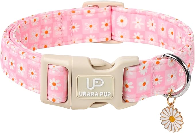 Pet Collar-Summer Daisy Dog Collars-Pink Grid Puppy Collar-Adjustable, Sturdy & Cute Girl Boy Dog Collars for Outdoor Fun