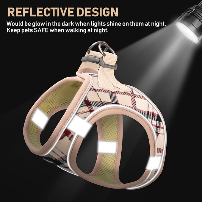 GAMUDA Small Dog Harness Collar and Leash Set, Step in No Chock No Pull Soft Mesh Adjustable Dog Vest Harnesses Plaid Reflective for Dogs Puppy Cats Kitten Rabbit (Beige, XS)