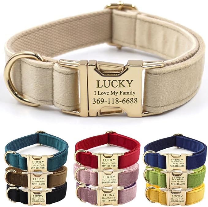 PETDURO Custom Dog Collar Personalized with Name Engraved Quick Release Rose Gold Metal Buckle for Large Medium Small Girl Dogs - Dog Leash and Bow Tie Available - Soft Comfy Velvet (Pale Brown, XL)