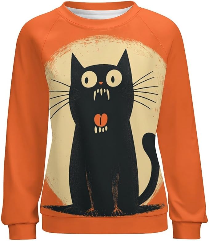 Halloween Sweatshirts for Women Black Cat Print Pullover Crewneck Oversized 2024 Fall Fashion Casual Warm Shirt