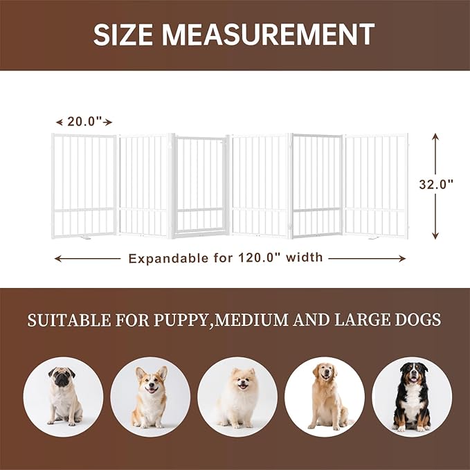 6 Panels Full Metal Freestanding Dog Gates with Door, 120” W x 32” H Folding Pet Gate Fence with Support Feet for Indoor,Stairs, Hallways and Doorways(White)