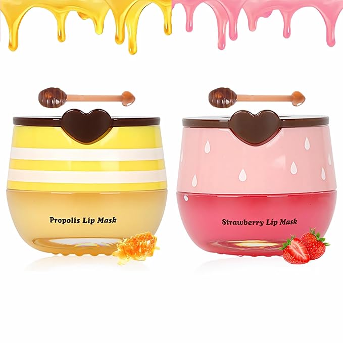 2 PCS Bee Lip Balm Lip Mask Honey Pot, Honey & Strawberry Lip Mask Propolis Moisturizing Lip Balm with Stick - Hydrating Prevention Dry and Cracked, Mothers Day Gifts, Birthday Day Party Favors