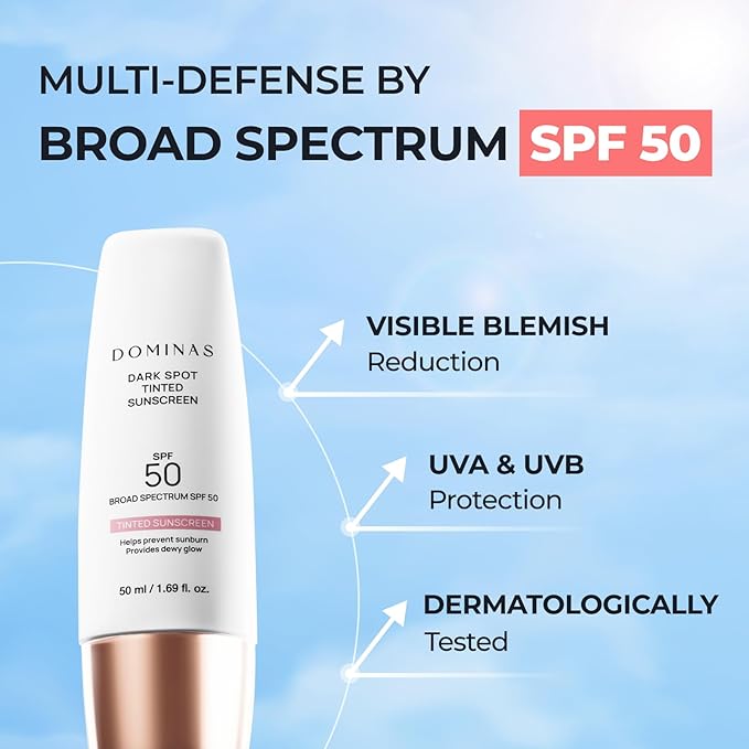 DOMINAS Dark Spot Tinted Sunscreen SPF 50 - Broad Spectrum UV Defense & Tone Correction with Panthenol, Lightweight, Non-Sticky, Hydrating Formula, Soothing & Glow, Korean Skincare, 1.69 fl oz