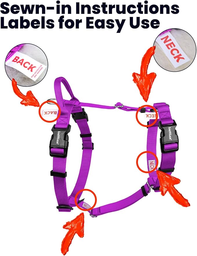 Non Restrictive Large Dog Harness, Easy Walk Freedom No Pull Harness, Keep Balance, Lightweight, Neck Buckle,Back and Front Lesh Clips, Sewn-in Instructions Labels for Easy Use, Purple
