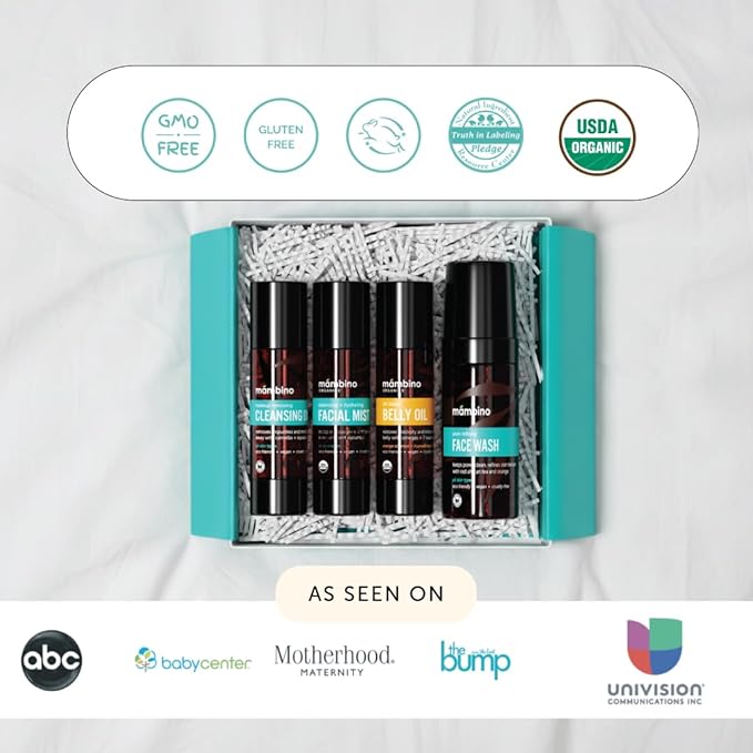 Mambino Organics Third Trimester Skincare Set, Pregnancy Skin Care Kit with Belly Oil, Rose Facial Mist, Cleansing Oil, Face Wash + Free Bag