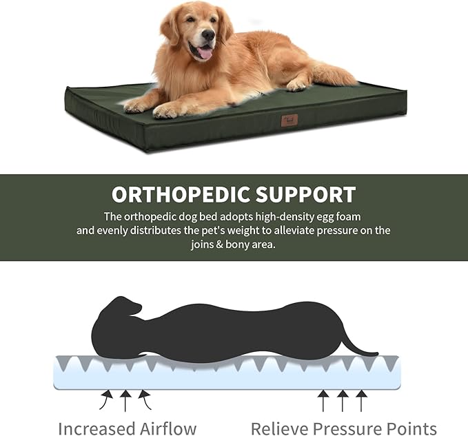 Outdoor Extra Large Dog Bed, Waterproof Dog Bed for Large Dogs, Orthopedic Egg Crate Foam Pet Bed with Washable Removable Oxford Cooling Cover, 44x32 Inch, Dark Green