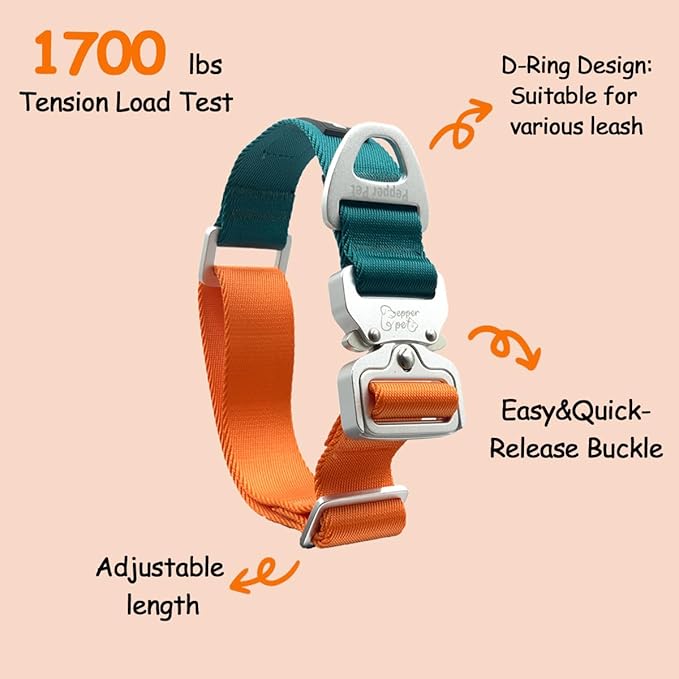 Heavy Duty Tactical Dog Collar,Metal Buckle Quick Release Collar for Large Dogs,1700 LB Strength Tested,Dual Color Nylon Collar for Walking,Training & Hunting