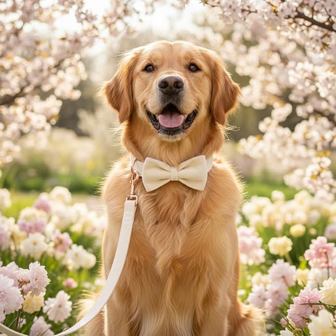 PETDURO Custom Dog Collar Personalized with Name Engraved Quick Release Rose Gold Metal Buckle for Large Medium Small Girl Dogs - Dog Leash and Bow Tie Available - Soft Comfy Velvet (Cream, L)