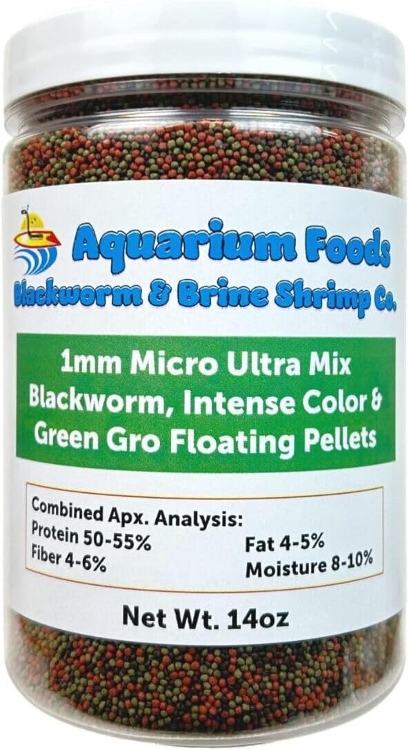 Aquatic Foods Inc. Blackworm, Intense Coloring, Spirulina 1mm Premium Floating Pellets for Small & Baby Cichlids, Discus, All Tropical Fish, Koi & Pond Fish…14oz Large Round Jar