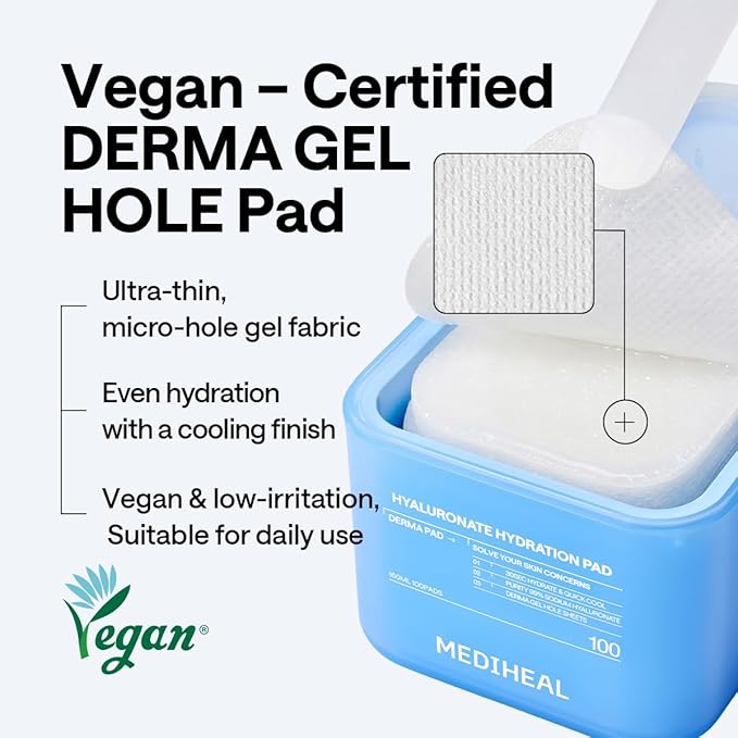MEDIHEAL Toner Pads [Hyaluronate] - 99% Pure Low-Molecular Hyaluronic Acid - Intensive Hydration & Soothing - Contains Squalane to Increase Absorption Rate - Vegan Derma Gel Texture Pad (100 Count)