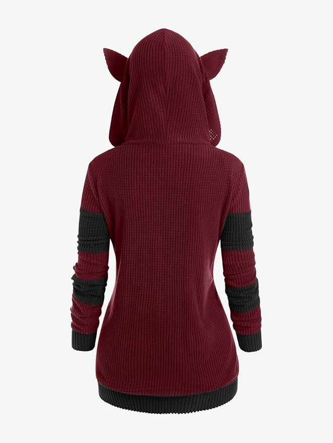 ROSE GAL Rosegal Women Plus Size Cat Ear Ribbed Hooded Blouson Jacket Animal Ear Two Tone Cute Hoodie