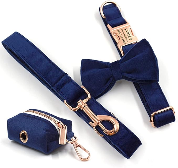 PETDURO Personalized Dog Collar Navy Blue Soft Velvet for Large Medium Small Boy Girl Dogs - Custom Collar with Name Phone Engraved on Rose Gold Metal Buckle - Add Matching Leash Set via Customize Now