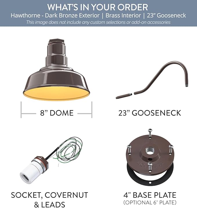 Steel Lighting Co. | Dusk to Dawn | Hawthorne Barn Light | Outdoor Wall Mounted | 8 in Dome | 23 inch Gooseneck| Small Farmhouse Light Made in America | Dark Bronze/Brass
