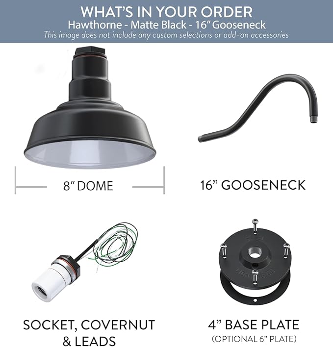 Steel Lighting Co. | Dusk to Dawn | Hawthorne Barn Light | Outdoor Wall Mounted | 8 in Dome | 16 inch Gooseneck| Small Farmhouse Light Made in America | Matte Black Exterior/White Interior