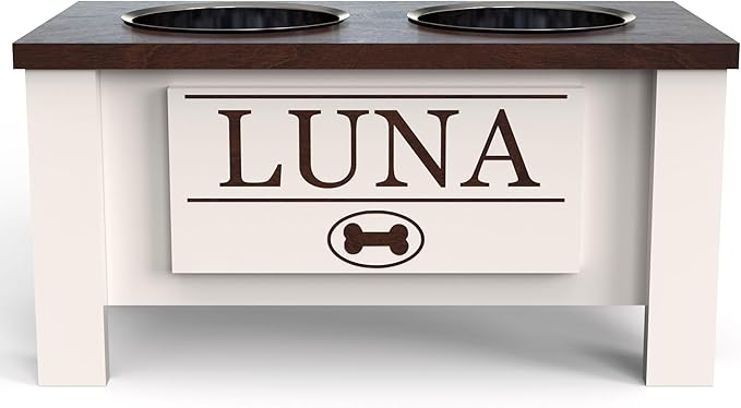 GTW Personalized Elevated Dog Bowl Stand for Large, Medium, Small, X-Small Dogs - Stainless Steel Food and Water Bowls - Raised Dog Dish with Internal Storage (Medium, Dark Walnut)