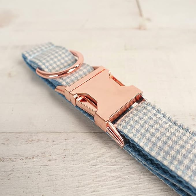 PETDURO Personalized Gingham Plaid Dog Collar Baby Blue - Engraved Name and Phone Number on Rose Gold Metal Buckle - Custom for Small Medium Large Boy Girl Dogs - Add Leash Bow Tie via Customize Now