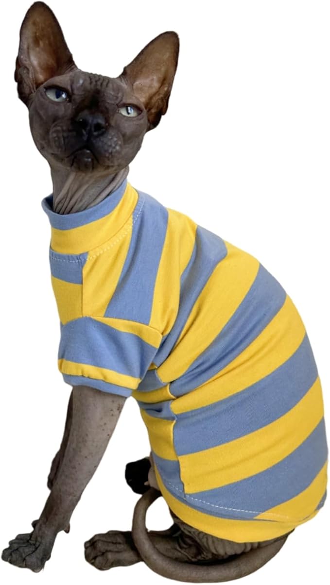 Sphynx Cat Clothes Shirts for Hairless Cat, Wide Stripe Cats Apparel, Kitten Summer Cotton T-Shirts with Sleeves for Cornish Rex, Devon Rex, Peterbald (Blue & Yellow, XX-Large)