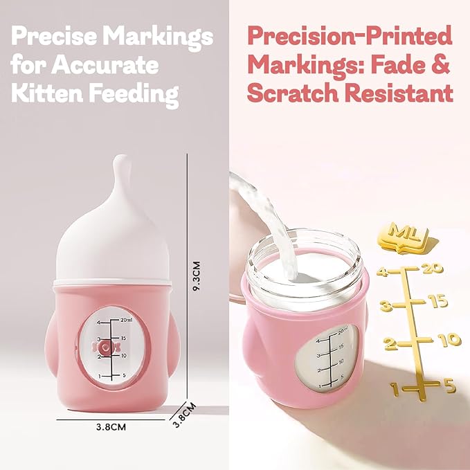 Ergonomic Pet Nursing Bottle,Puppy Bottles for Nursing Puppy Milk - 20ml Slow Flow Kitten Bottle Feeding kit for Newborn Kittens/Puppies/Small Animals, Easy-Clean Silicone Feeder (‌Pink‌)