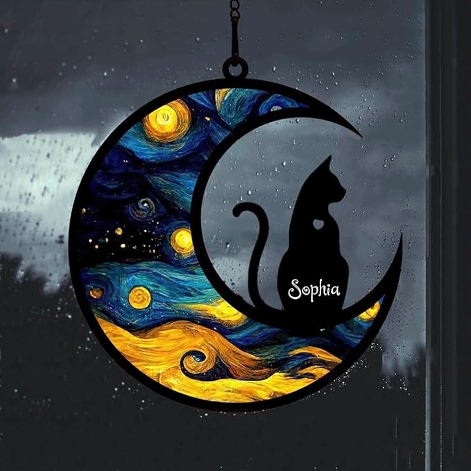 NAZENTI Cat Memorial Suncatcher, Personalized with Name and Cat Breeds, Loss of Pet Sympathy Suncatcher Gifts for Cat Lovers, Cat Sympathy Gift, Remembrance Gifts, Memorial Day Decorations Design 01