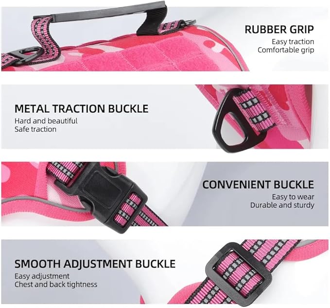 Tactical Dog Harness with Leash for Large Dogs, No Pull Adjustable Dog Harness, Reflective K9 Working Pet Vest for Walking, Training (Fuchsia Camo, M)