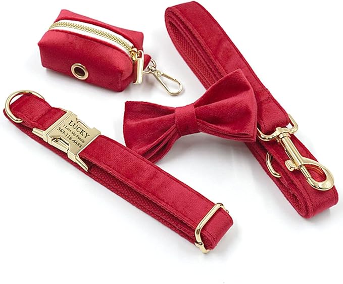 PETDURO Personalized Dog Collar Red Soft Velvet for Large Medium Small Boy Girl Dogs - Custom Collar with Name Phone Number Engraved on Gold Metal Buckle - Add Matching Leash Bow Set via Customize Now