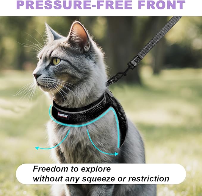 Cat Harness and Leash Set,Escape Proof Kitten Harness,Step in Adjustable Soft Lightweight,Easy Control,Reflective Strips Comfortable for Walking Travel(Black,XS)