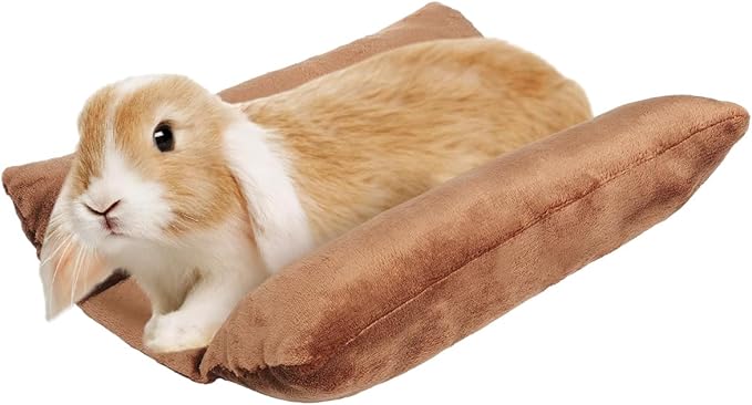MEWTOGO 15.7" x 14" Bunny Bed for Rabbit Cage - Thickened Soft Prevent Sore Hocks Plush Mat with Cotton Lounger Pillows, Small Animal Flop Mat for Hutch Sleeping Indoor, Brown