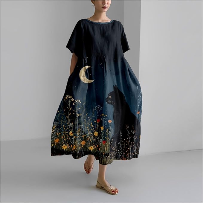 MARSVOVO Summer Dress for Women Funny Cat Graphic Cute Short Sleeve Maxi Dress Causal Plus Size Party Dress for Women