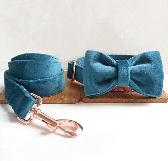 PETDURO Personalized Dog Collar Teal Soft Velvet for Large Medium Small Boy Girl Dogs - Custom Collar with Name Phone Number Engraved on Rose Gold Metal Buckle - Add Leash Bow Set via Customize Now