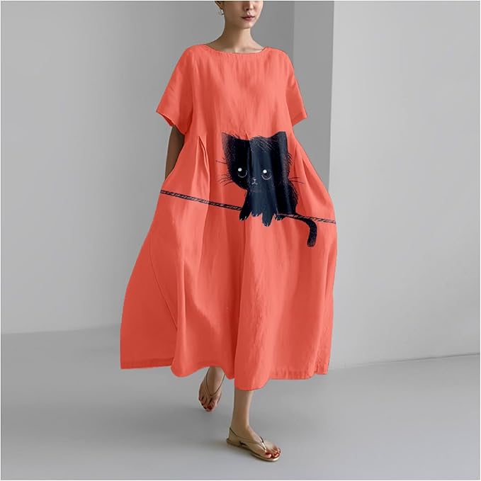 MARSVOVO Summer Dress for Women Funny Cat Graphic Cute Short Sleeve Maxi Dress Causal Plus Size Party Dress for Women