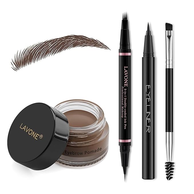 LAVONE Eyebrow Pencil Makeup Kit, with Waterproof 2-IN-1 Microblading Eyebrow Pen, Eyebrow Pomade, Eyeliner and Dual-ended Eyebrow Brush, Brow Pencil Kit for Natural Eyebrows - Dark Brown