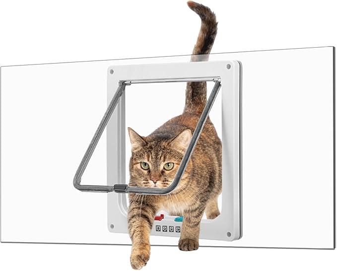 Cat Door for Window, Fits 14"-24" Width Window, Cat Window Door with 4 Locking Modes, Pet Friendly Window Cat Door Insert, Magnetic Closure, Easy Installation, Clear Plexiglass