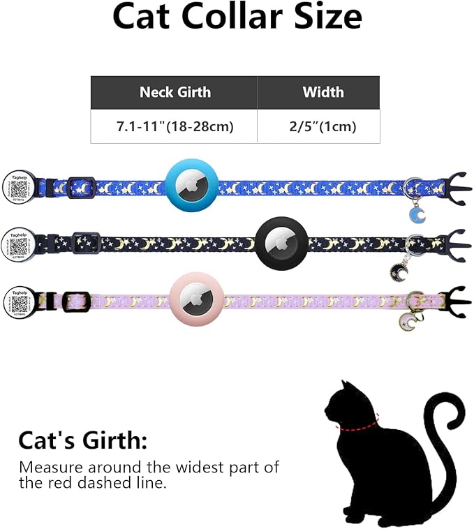 2PCS Breakaway Cat Collars AirTag Holder with Bell Cute Star &Moon Safe Kitten Collars with Pendant Glow in The Dark,Cat Collar with Smart ID tag & QR Code Reflective for GPS Boy Girl Cats (Pink)