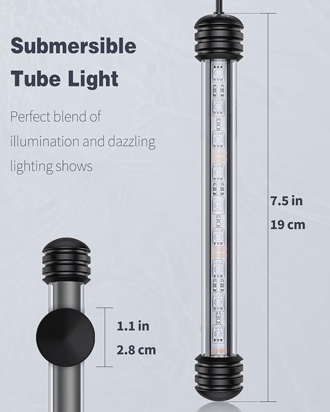 Pawfly 1.8 W Aquarium LED Light 7.5 Inch Underwater Fish Tank Light with Timer Auto On/Off Fish Tank Background Lights with 8 Lighting Modes Submersible Multi-Colored Tube Lights for Decoration