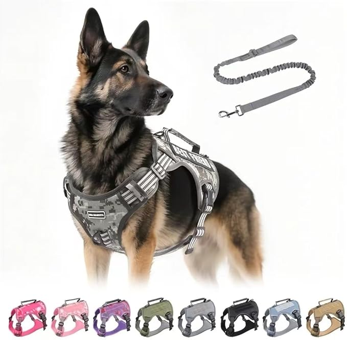 Tactical Dog Harness with Leash for Large Dogs, No Pull Adjustable Dog Harness, Reflective K9 Working Pet Vest for Walking, Training (Camouflage Grey, L)