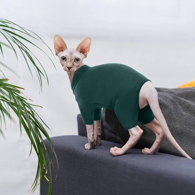 ROZKITCH Cat Coats for Cats Only, Breathable Soft Pet Jumpers for Hairless Cats Only, Coat with Four Legs, Warm Sweater T-Shirt Pajamas Jumpsuit Vest Cornish Rex Devon Rex Peterbald DarkGreen XS