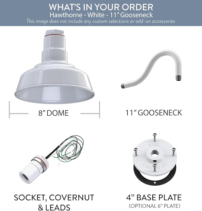 Steel Lighting Co. | Dusk to Dawn | Hawthorne Barn Light | Outdoor Wall Mounted | 8 in Dome | 11 inch Gooseneck| Small Farmhouse Light Made in America | White Exterior/White Interior