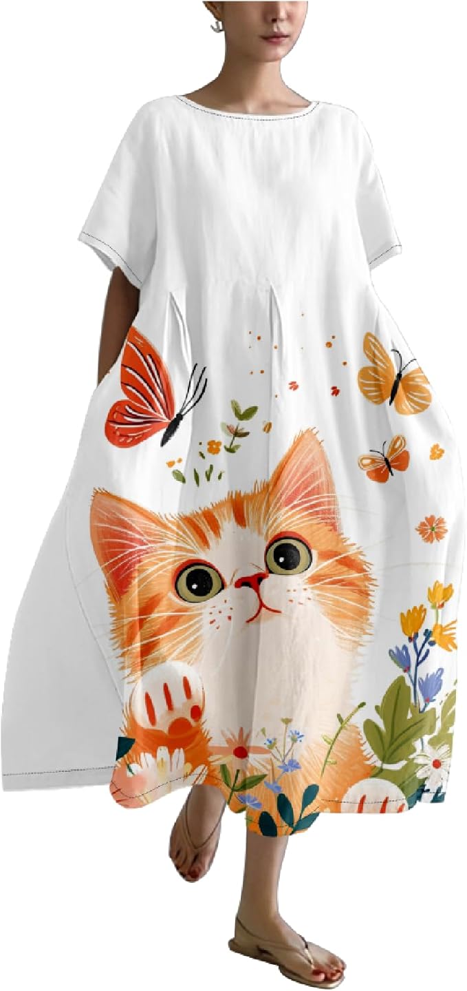 MARSVOVO Summer Dress for Women Funny Cat Graphic Cute Short Sleeve Maxi Dress Causal Plus Size Party Dress for Women