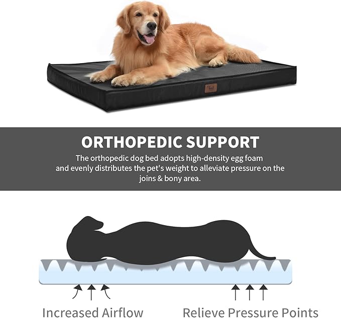 Outdoor Large Washable Dog Bed, Orthopedic Egg Crate Foam Dog Crate Mat for Large Dogs with Removable Oxford Cooling Cover, Black