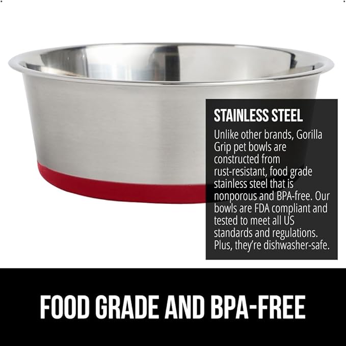 GORILLA GRIP Dog Bowl, Holds 8 Cups (64 fl oz), Heavy Duty Metal Food and Water Bowl for Feeding Dogs and Cats, Easy Clean, Dishwasher Safe, Rust Resistant Stainless Steel, BPA Free Rubber Base, Red