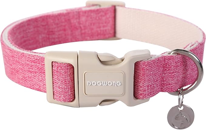 DOGWONG Cotton Hemp Dog Collar, Heavy-Duty Pink Adjustable Soft Fabric Wedding Puppy Necklace for Small to Large Dogs
