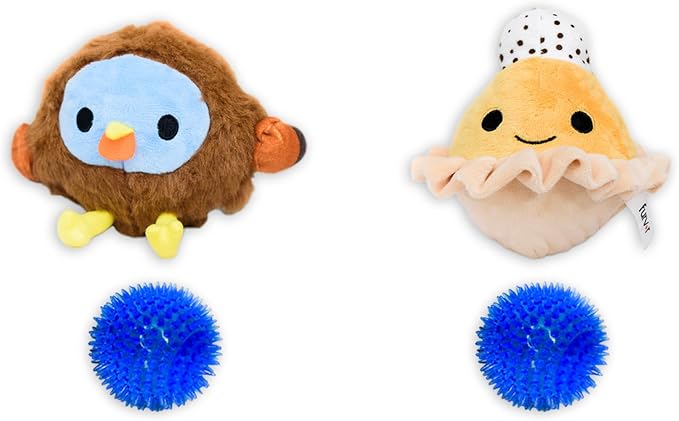 Flourish Pets 2 in 1 Multi-Layer Chew Toy for Active Dogs | Non-Toxic BPA Free Double Stitched Soft Fabric Exterior Dog Toys | Long-Lasting Dog Plush Toys – Turkey + Pumpkin (4”)