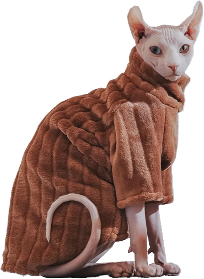 Turtleneck Sweater for Sphynx Cat Soft Coral Fleece Cat Clothes Thick Winter Warm Outfit Coat for Hairless Cats and Small Dogs Apparel with Sleeves (Brown, L (7-8.5 lbs))