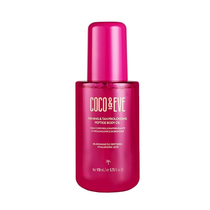 Coco & Eve Firming & Tan Prolonging Peptide Body Oil. Up to 28 Days Natural Tan Extender. After Sun Care with Tropical Oils, Vitamins C & E for Nourished, Glowy & Visibly Firmer Skin. (5.75 fl oz)