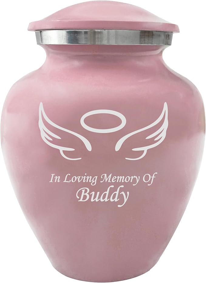 Pink Pet Cremation Urns, Urn for Cats, Dogs, Artwork Cremation Urn, Ash Urns with Personalized Engraving (Angel Wings)