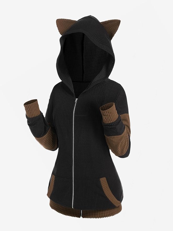 ROSE GAL Rosegal Women Plus Size Cat Ear Ribbed Hooded Blouson Jacket Animal Ear Two Tone Cute Hoodie